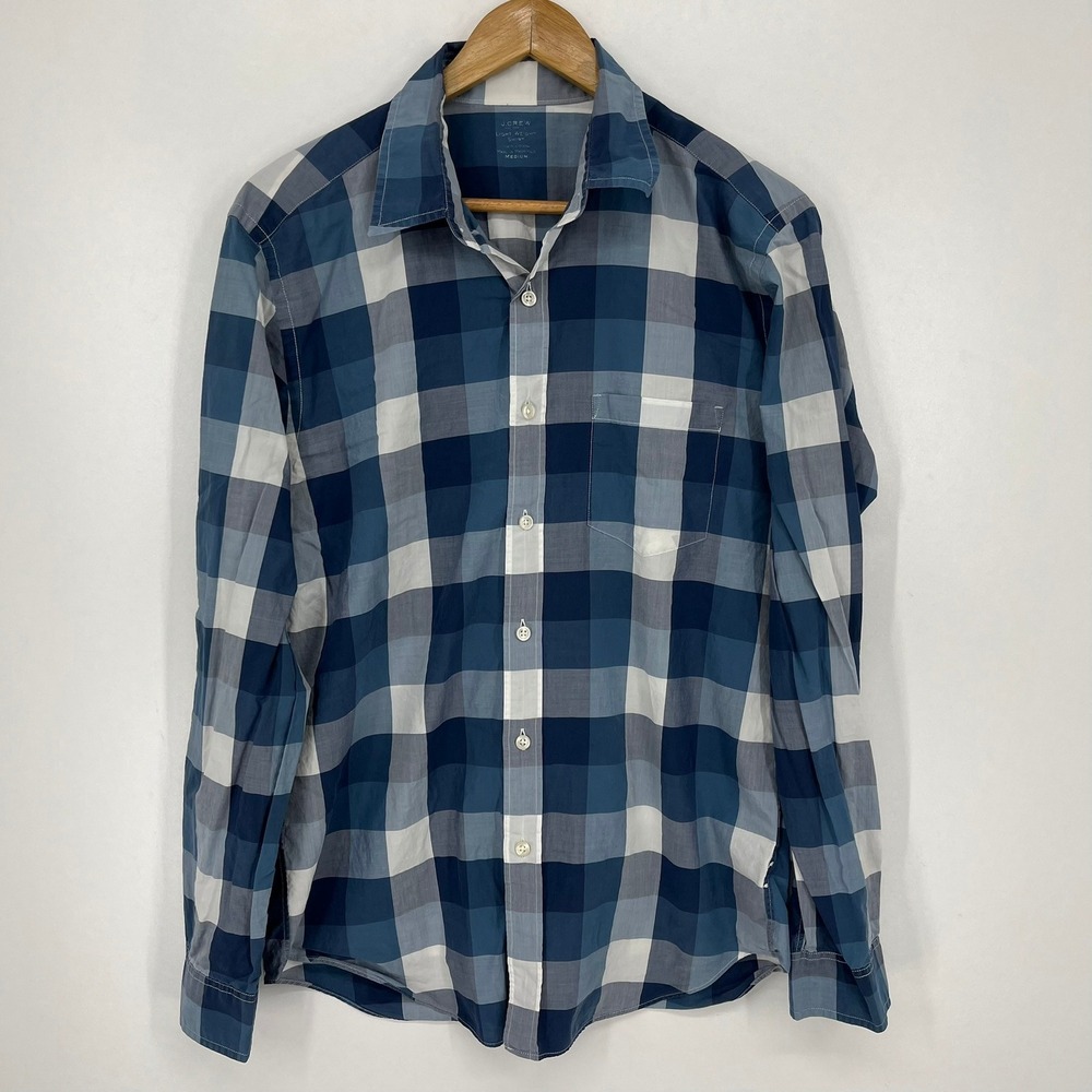 J.Crew Mens Lightweight Cotton Buffalo Check Plaid Button Down Shirt Blue Medium